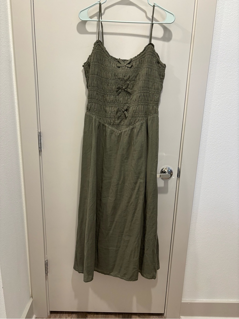 American Eagle Outfitters Olive Green Smocked Maxi Dress with Spaghetti Straps